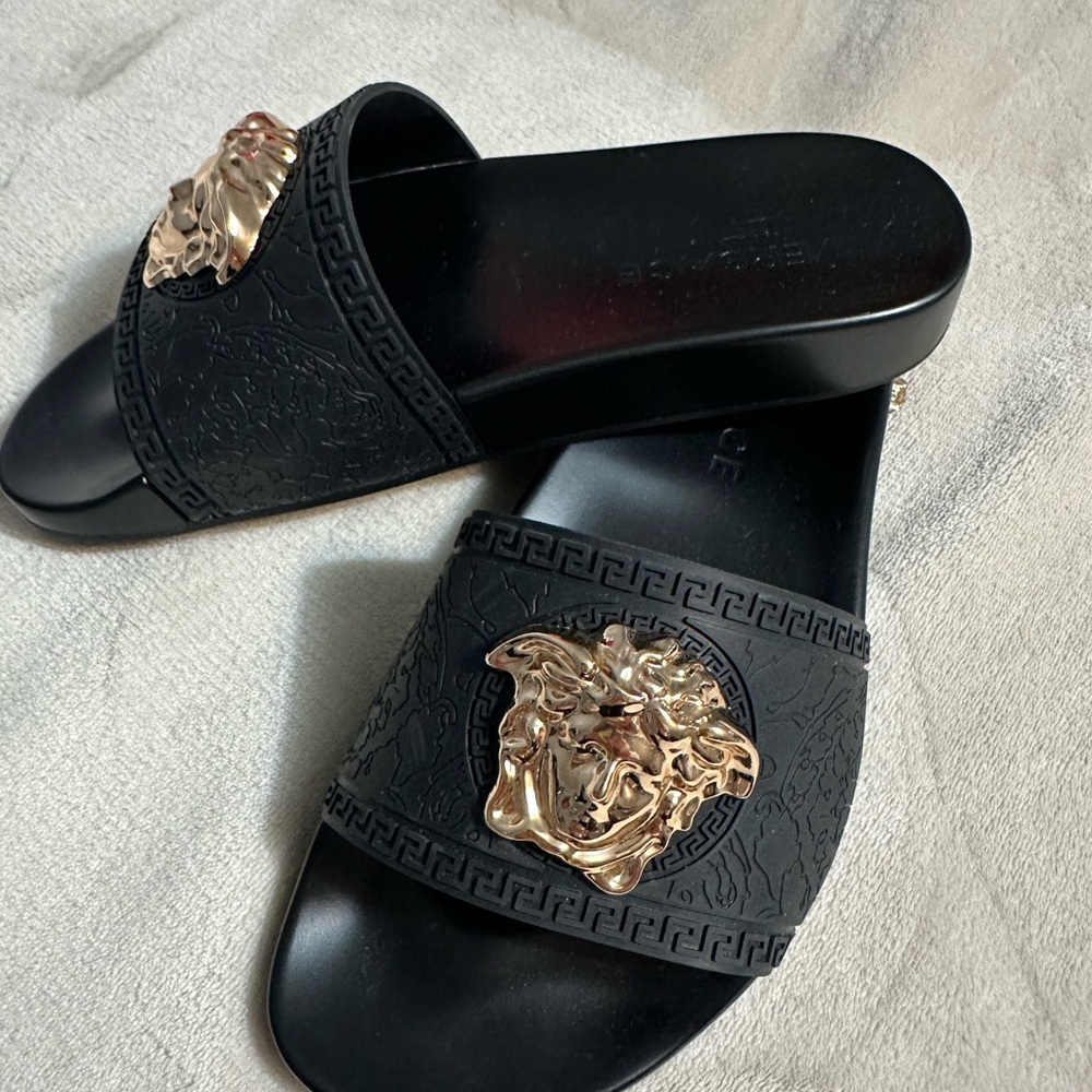 Versace Black and Gold Medusa Sandals